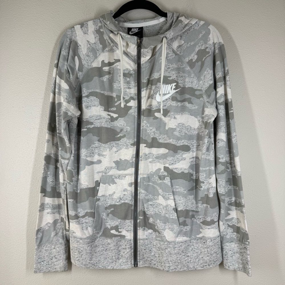 Nike Gym Vintage Camo Gray Sportswear Full Zip Hoodie Pockets Logo Size Large